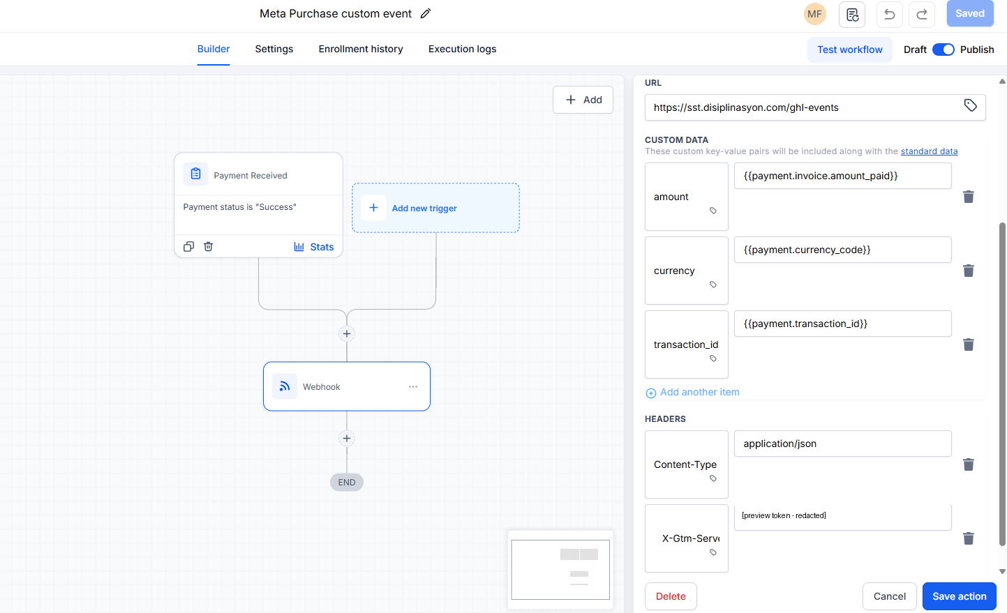 GoHighLevel workflow webhook firing to GTM server container