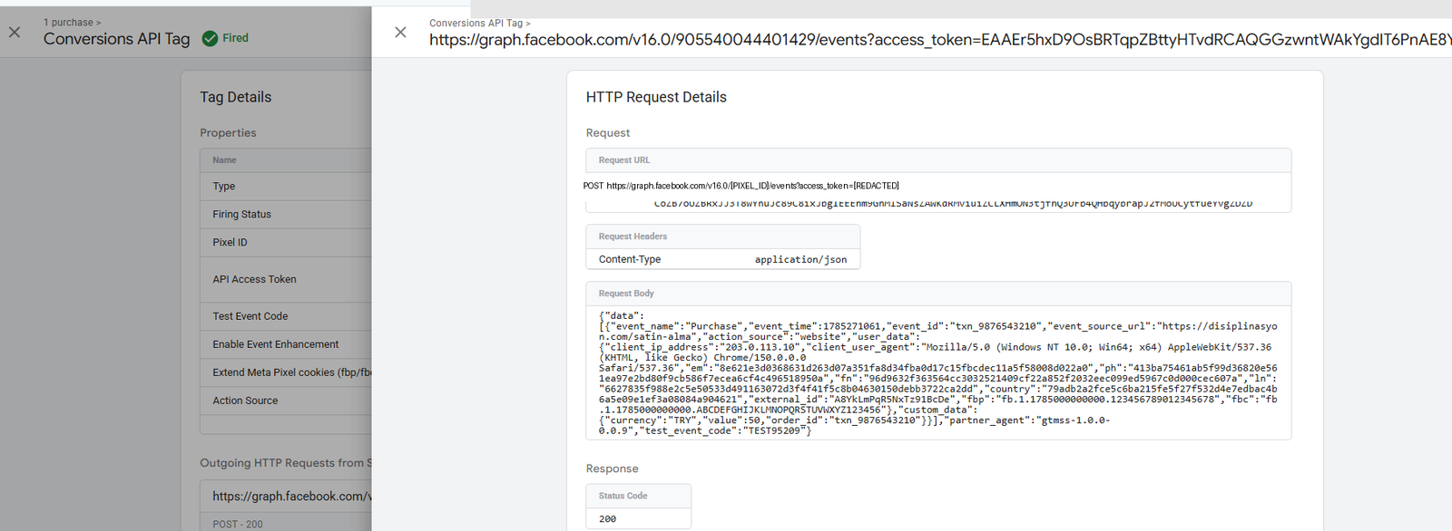 Meta Conversions API Tag fired with hashed data and 200 response