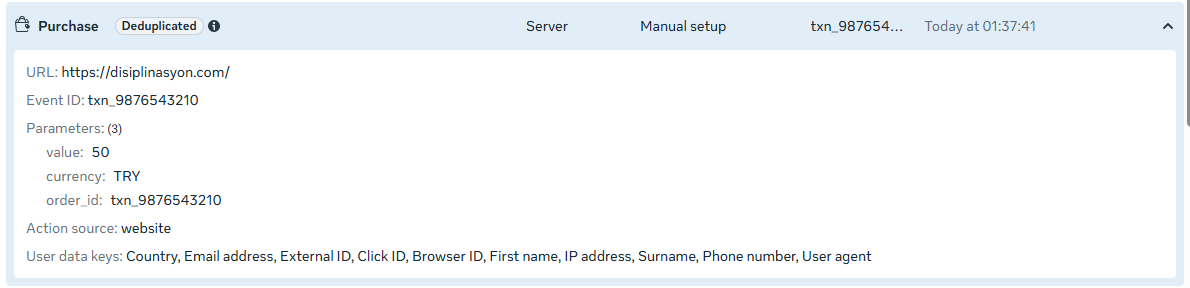 Meta Events Manager Purchase event deduplicated with 10 matched user data keys