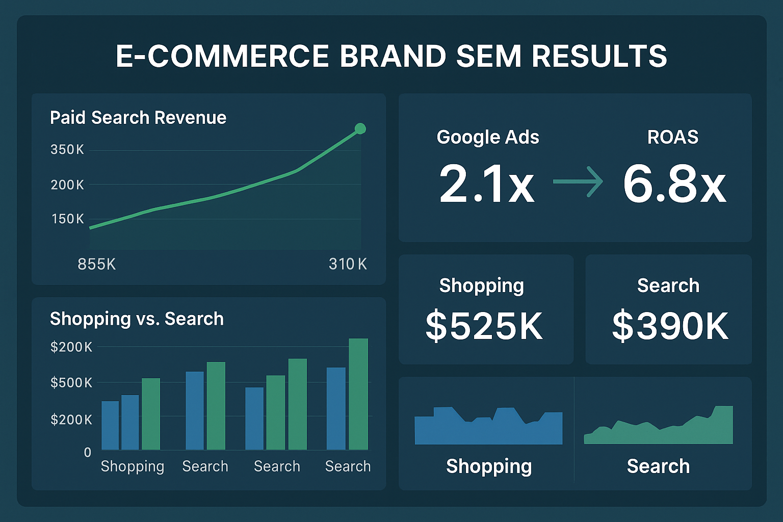 E-commerce brand paid search revenue growing from 85K to 310K monthly